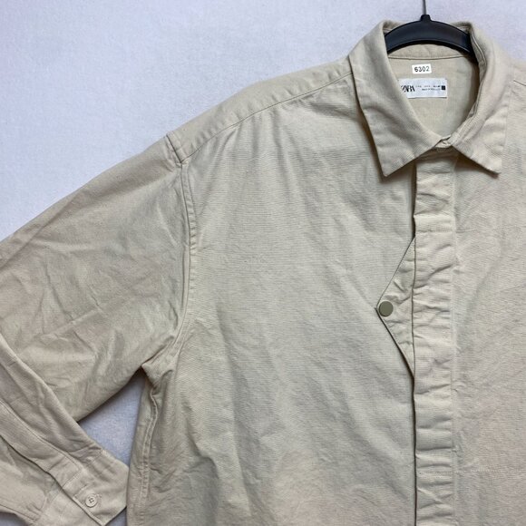 Zara Shirt Mens L Beige Long Sleeve Canvas Button Up - Picture 5 of 11